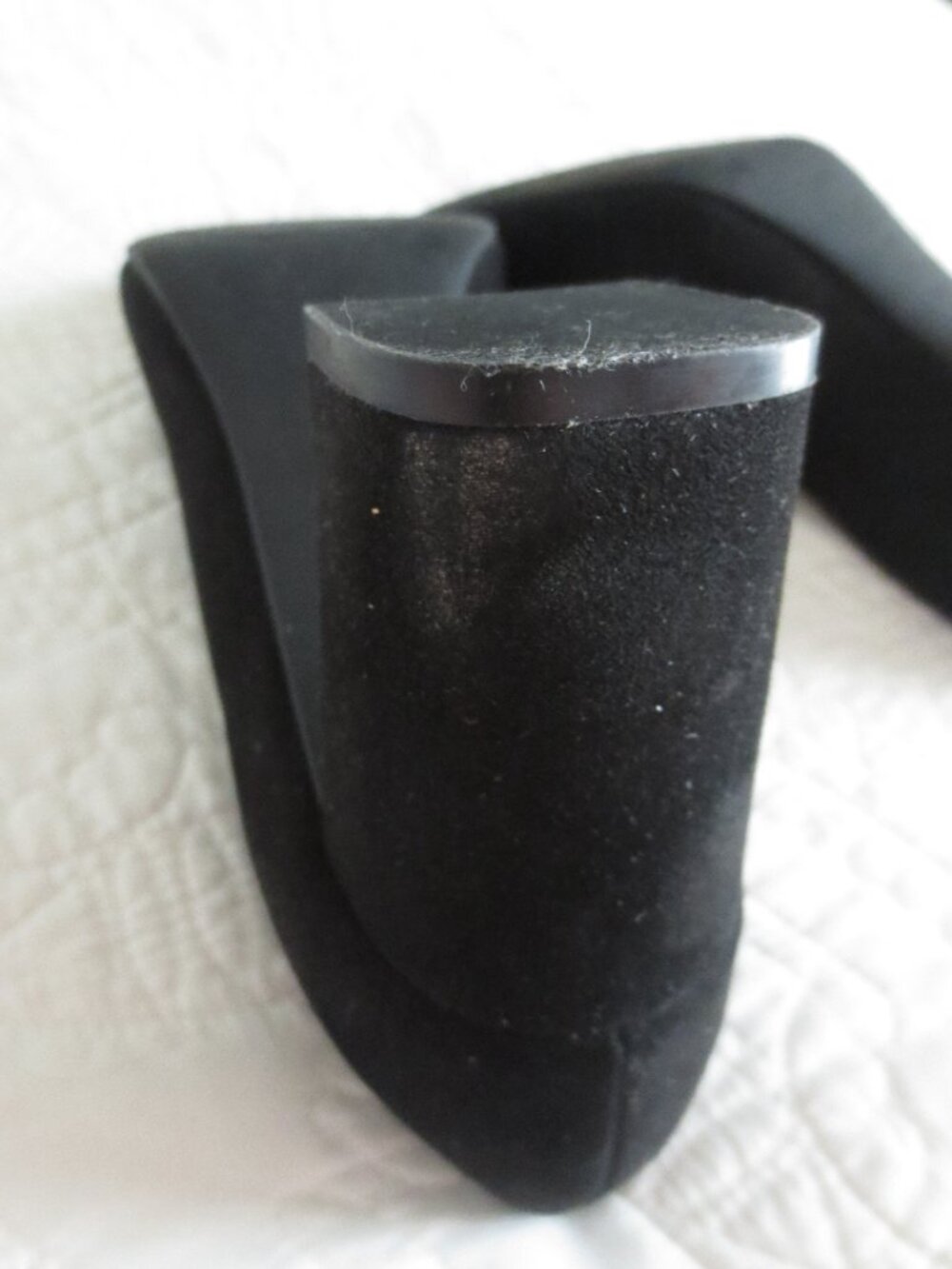 Classic Round Toe Black Suede Chunky Block Squared Heels - Picture 9 of 11